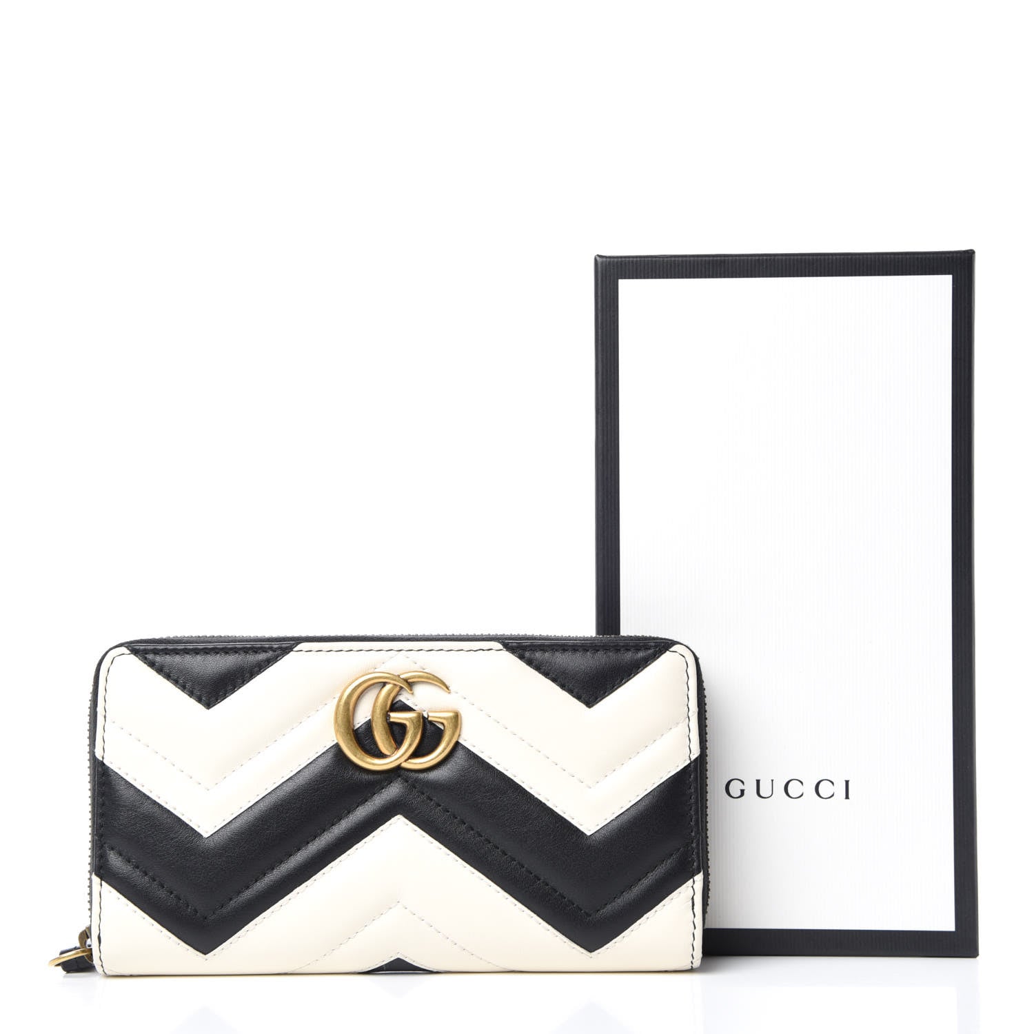 Gucci Calfskin Matelasse GG Marmont Zip Around Wallet Black White 9 of 9