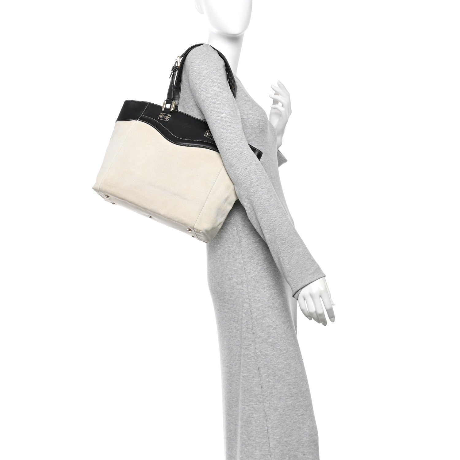 Gucci Calfskin Canvas Tote Black White 2 of 11