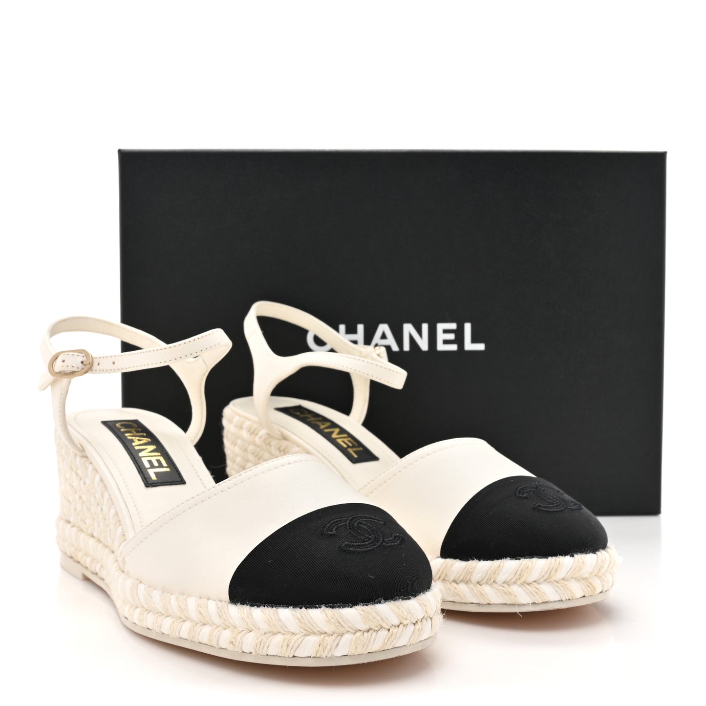 Lambskin Grosgrain CC Espadrilles Wedges 38 White Black