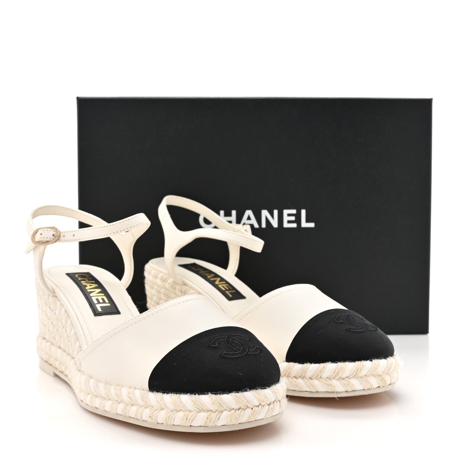Chanel Lambskin Grosgrain CC Espadrilles Wedges 38 White Black 9 of 9