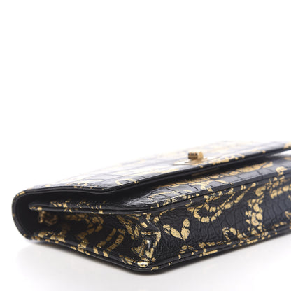 Chanel Calfskin Crocodile Embossed Graffiti 2.55 Cocodile Reissue Wallet On Chain WOC Black Gold 9 of 13