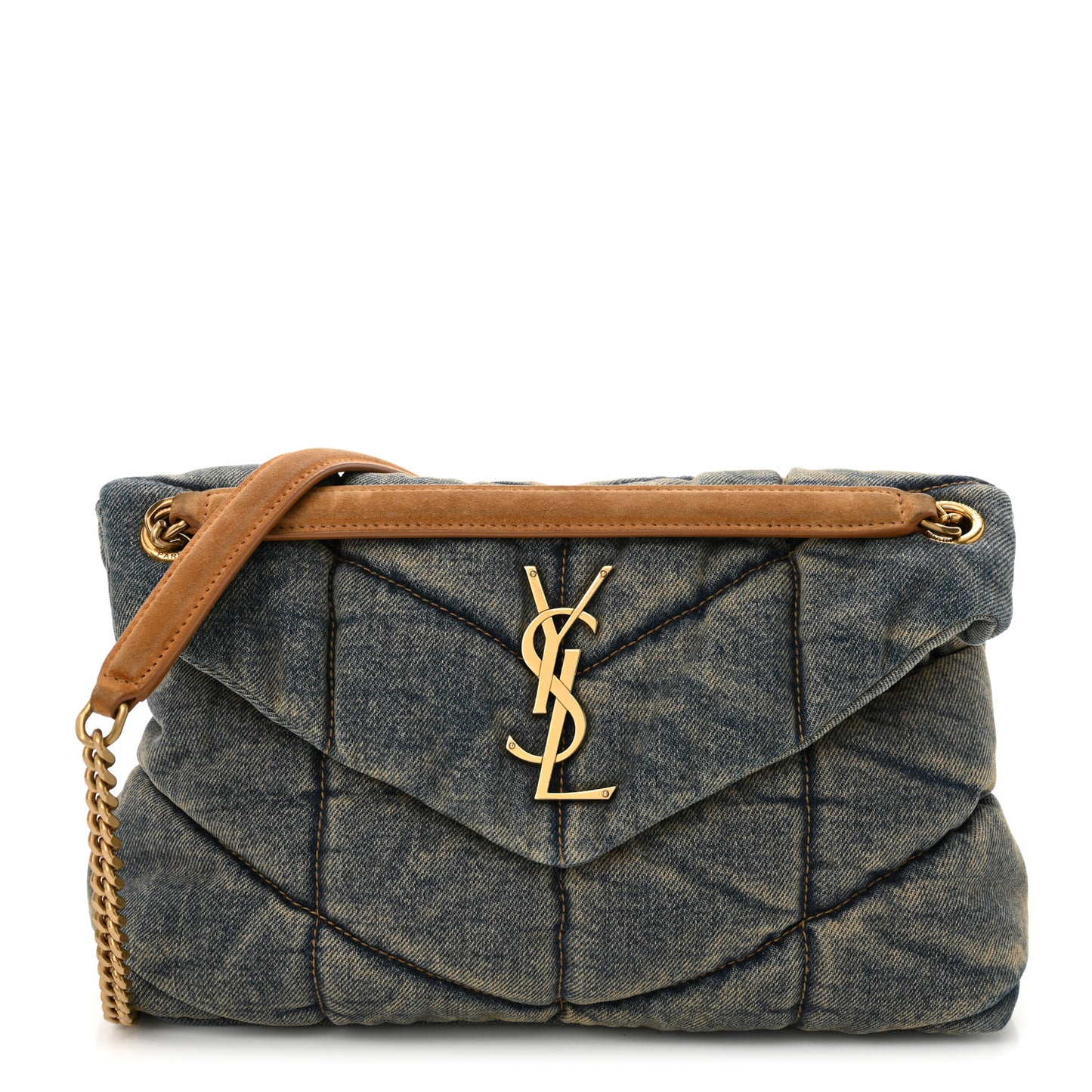Denim Quilted Small Loulou Puffer Monogram Chain Satchel Blue Cinnamon