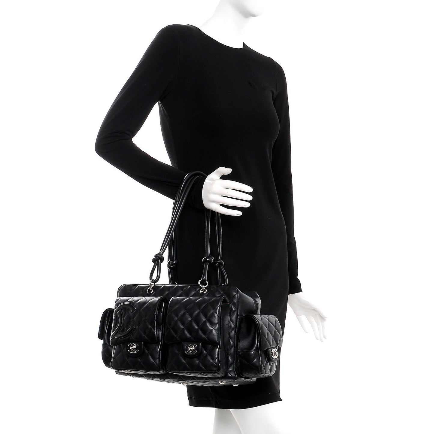 Calfskin Quilted Large Cambon Multipocket Reporter Black