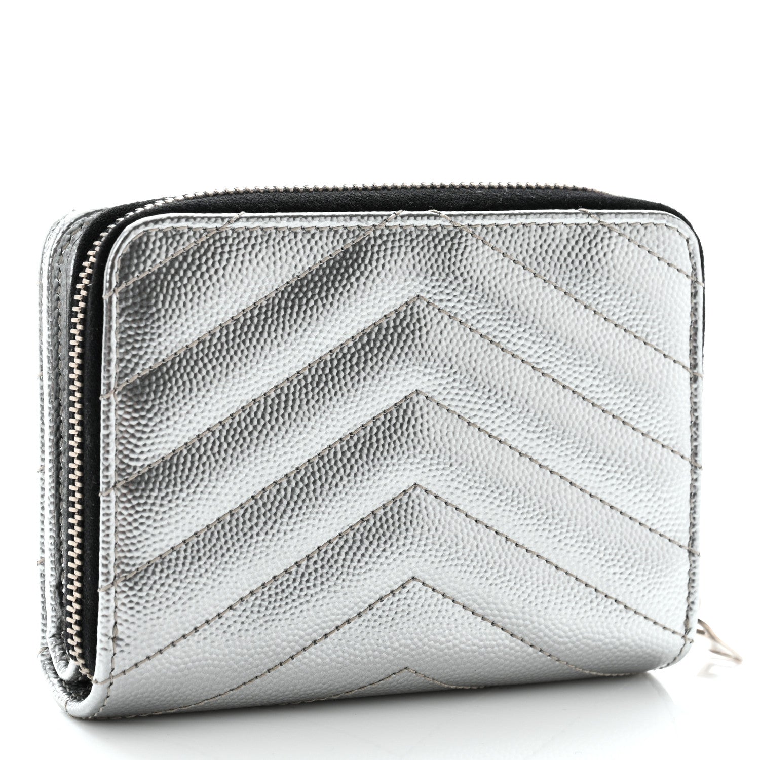 Saint Laurent Metallic Grain De Poudre Matelasse Chevron Monogram Compact Zip Around Wallet Silver 3 of 7