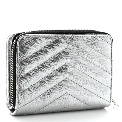 Saint Laurent Metallic Grain De Poudre Matelasse Chevron Monogram Compact Zip Around Wallet Silver 3 of 7