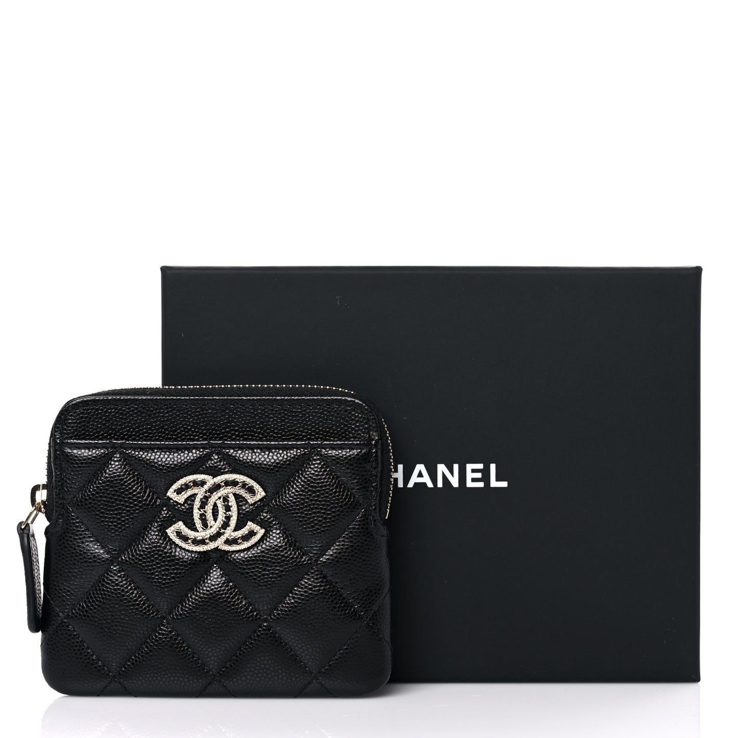 Caviar Quilted Crystal Zip Card Holder Wallet Black