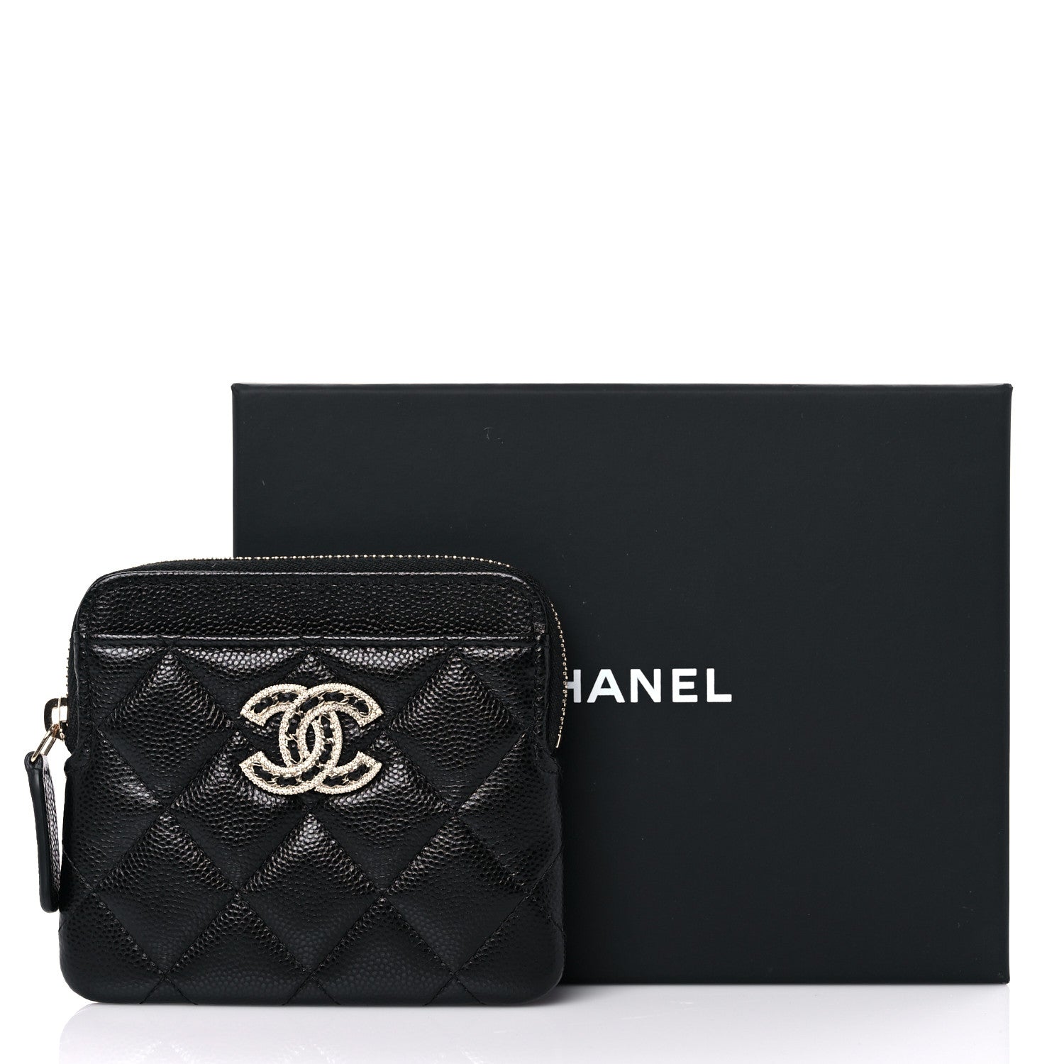 Chanel Caviar Quilted Crystal Zip Card Holder Wallet Black 8 of 8