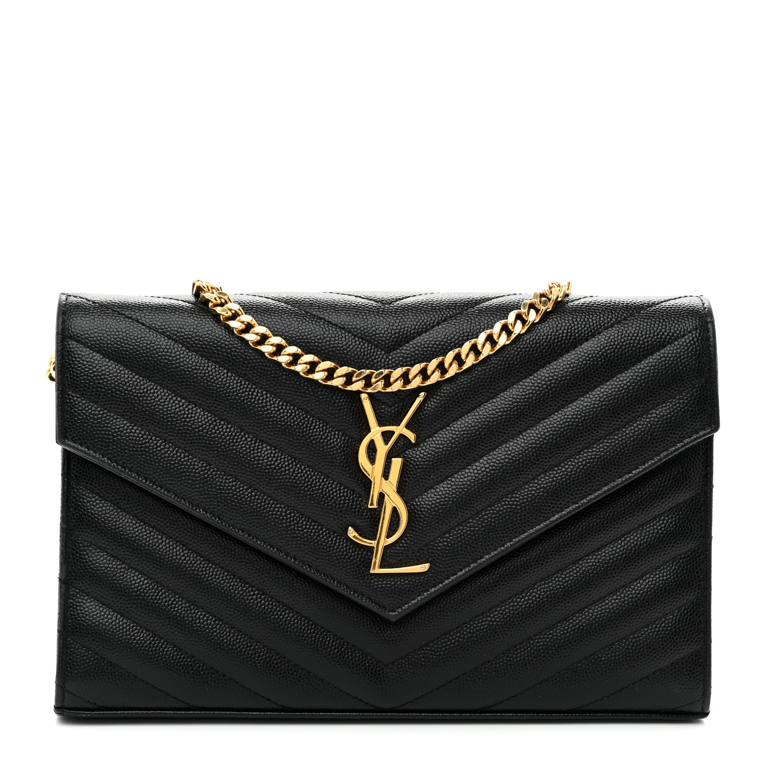 Saint Laurent Grain De Poudre Matelasse Chevron Monogram Chain Wallet Black 1 of 12