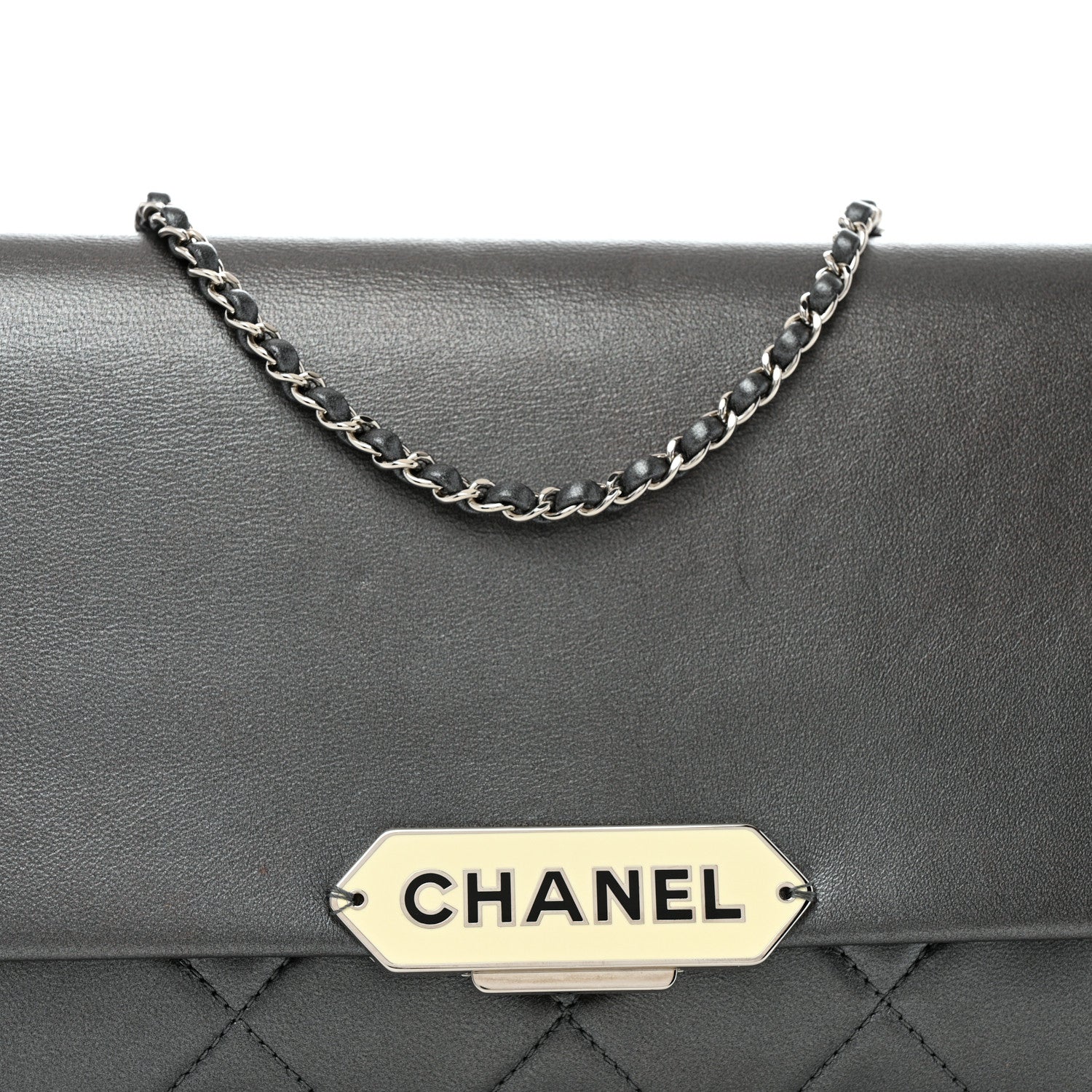Chanel Metallic Lambskin Quilted Retro Label Clutch Charcoal Grey 9 of 14