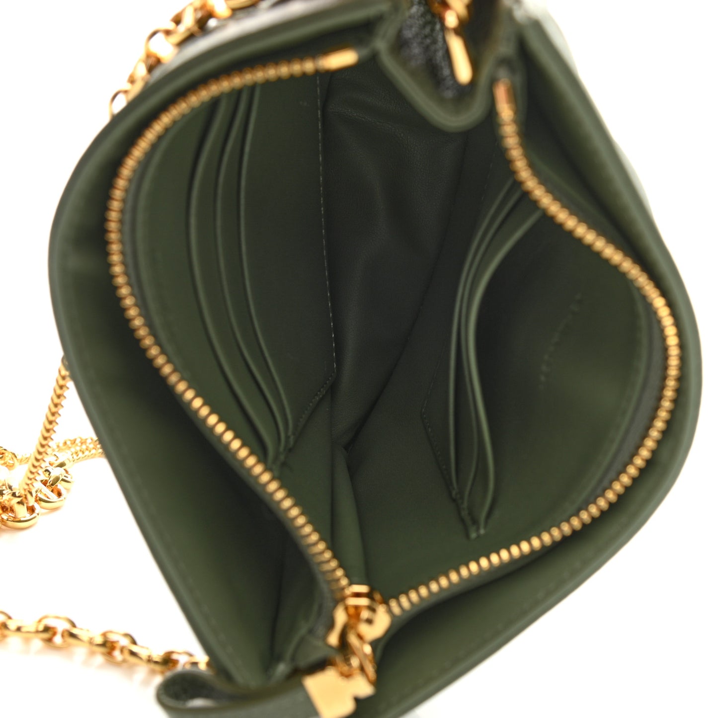 Calfskin Cannage Caro Zipped Pouch With Chain Cedar Green