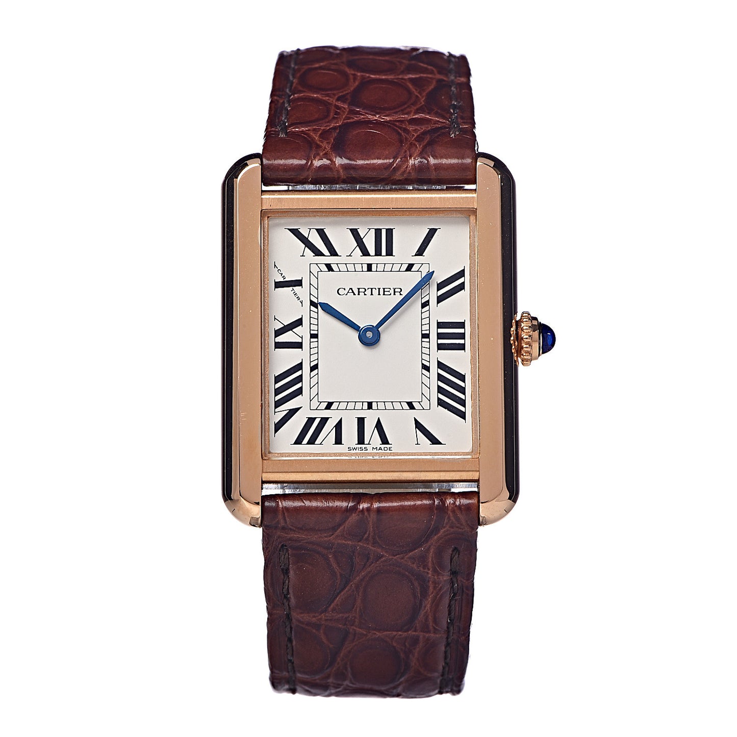 Stainless Steel 18K Pink Gold Alligator 24mm Tank Solo Quartz Watch Brown