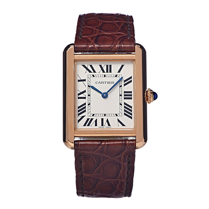 Cartier Stainless Steel 18K Pink Gold Alligator 24mm Tank Solo Quartz Watch Brown 1 of 9