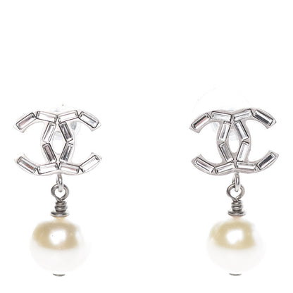 Chanel Crystal Pearl CC Drop Earrings Silver 1 of 6