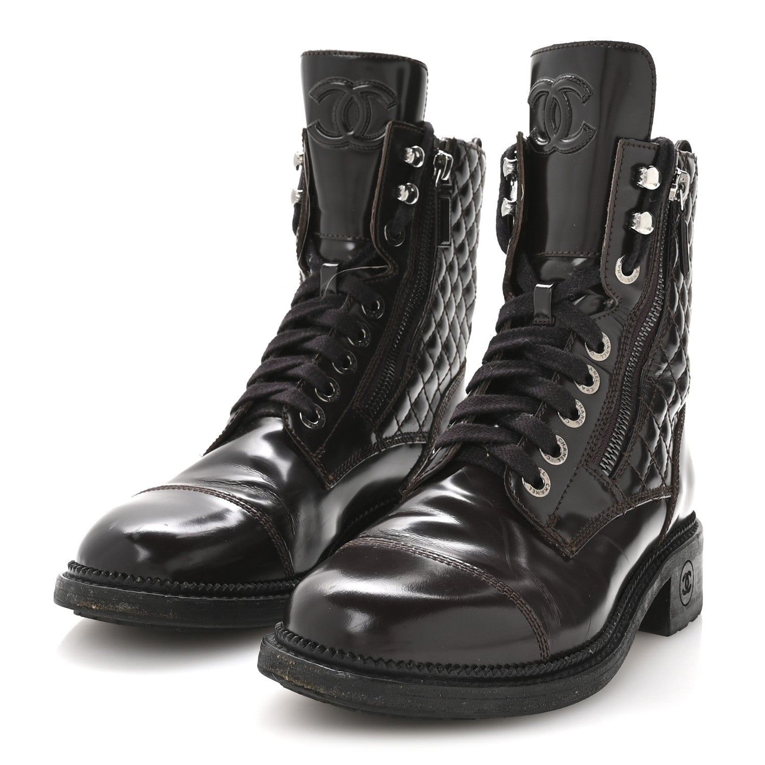 Chanel Shiny Calfskin Quilted CC Lace Up Combat Boots 37.5 Dark Burgundy 4 of 9
