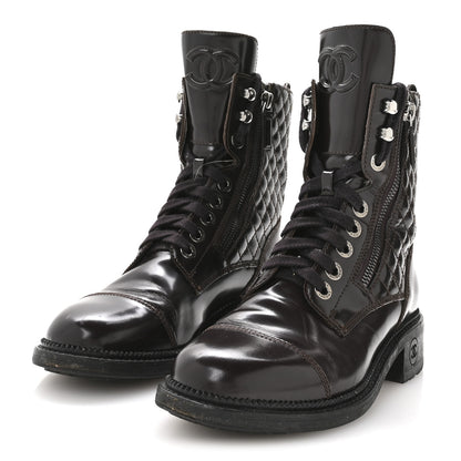 Chanel Shiny Calfskin Quilted CC Lace Up Combat Boots 37.5 Dark Burgundy 4 of 9