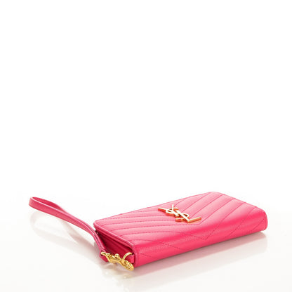 Saint Laurent Grain De Poudre Matelasse Chevron Monogram Phone Wallet Lipstick Fuchsia 4 of 7