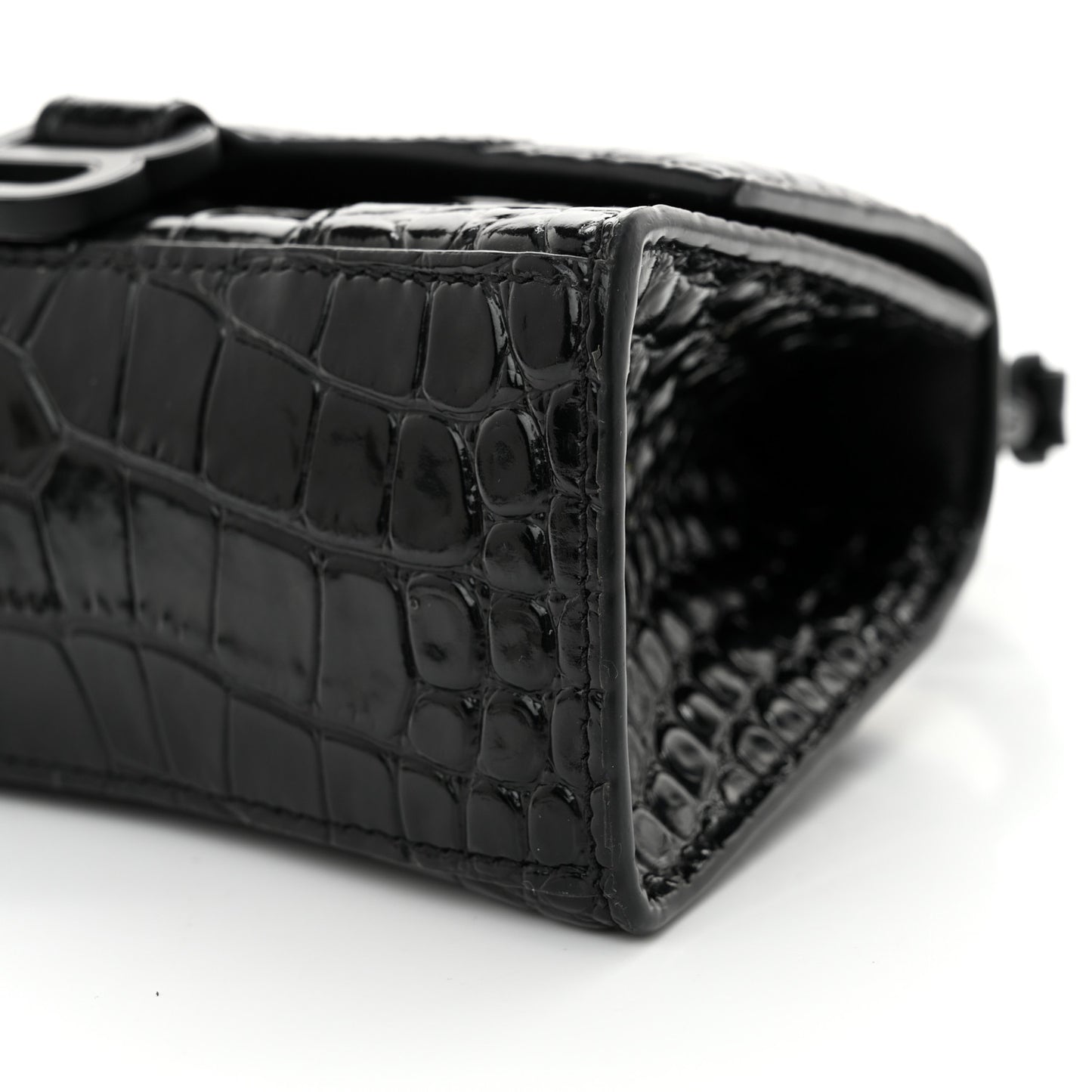 Shiny Calfskin Monochrome Crocodile Embossed Hourglass Top Handle Bag XS Black
