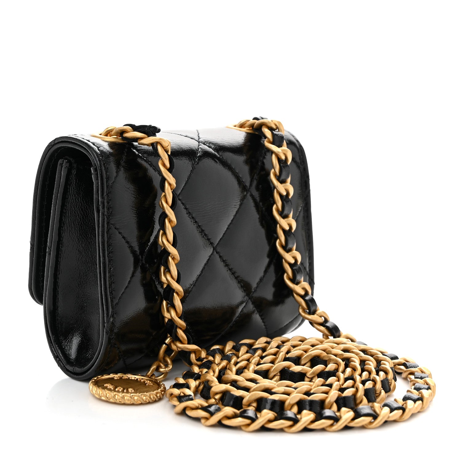 Chanel Shiny Lambskin Quilted Medallion Card Holder On Chain Black 3 of 10
