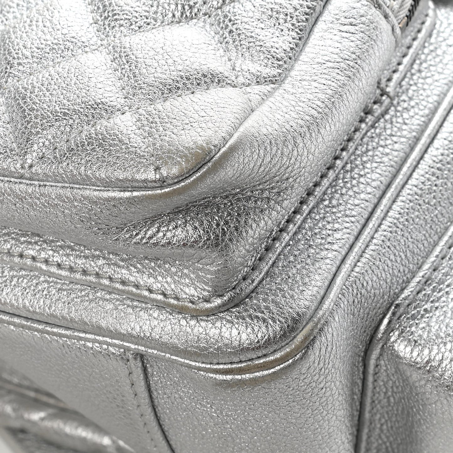 Metallic Grained Calfskin Quilted Large Casual Rock Backpack Silver