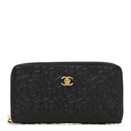 Chanel Caviar Camellia Embossed Large Zip Around Gusset Wallet Black 1 of 9