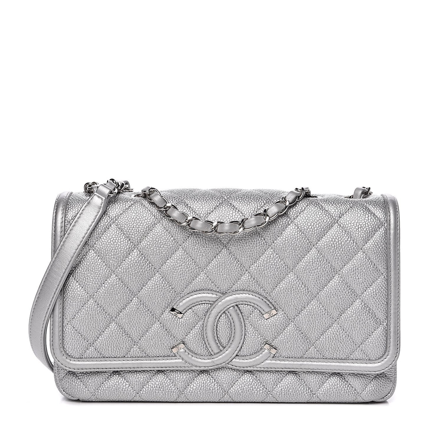 Metallic Caviar Quilted Medium CC Filigree Flap Silver