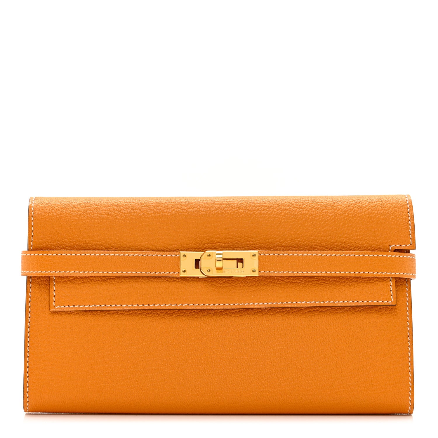 HERMES Chevre Mysore Kelly Longue Wallet in the color Moutarde by FASHIONPHILE