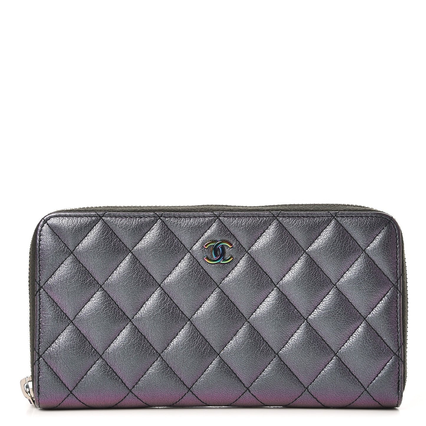 Iridescent Goatskin Quilted Large Gusset Zip Around Wallet Purple