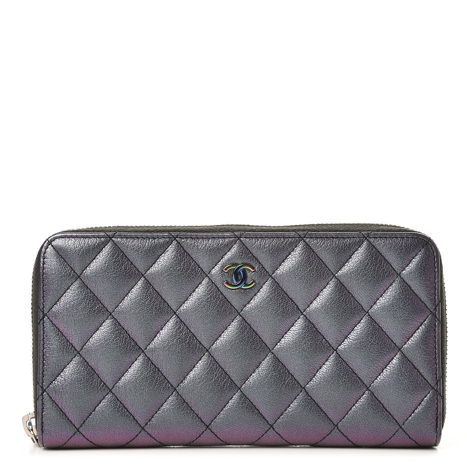 Chanel Iridescent Goatskin Quilted Large Gusset Zip Around Wallet Purple 1 of 10
