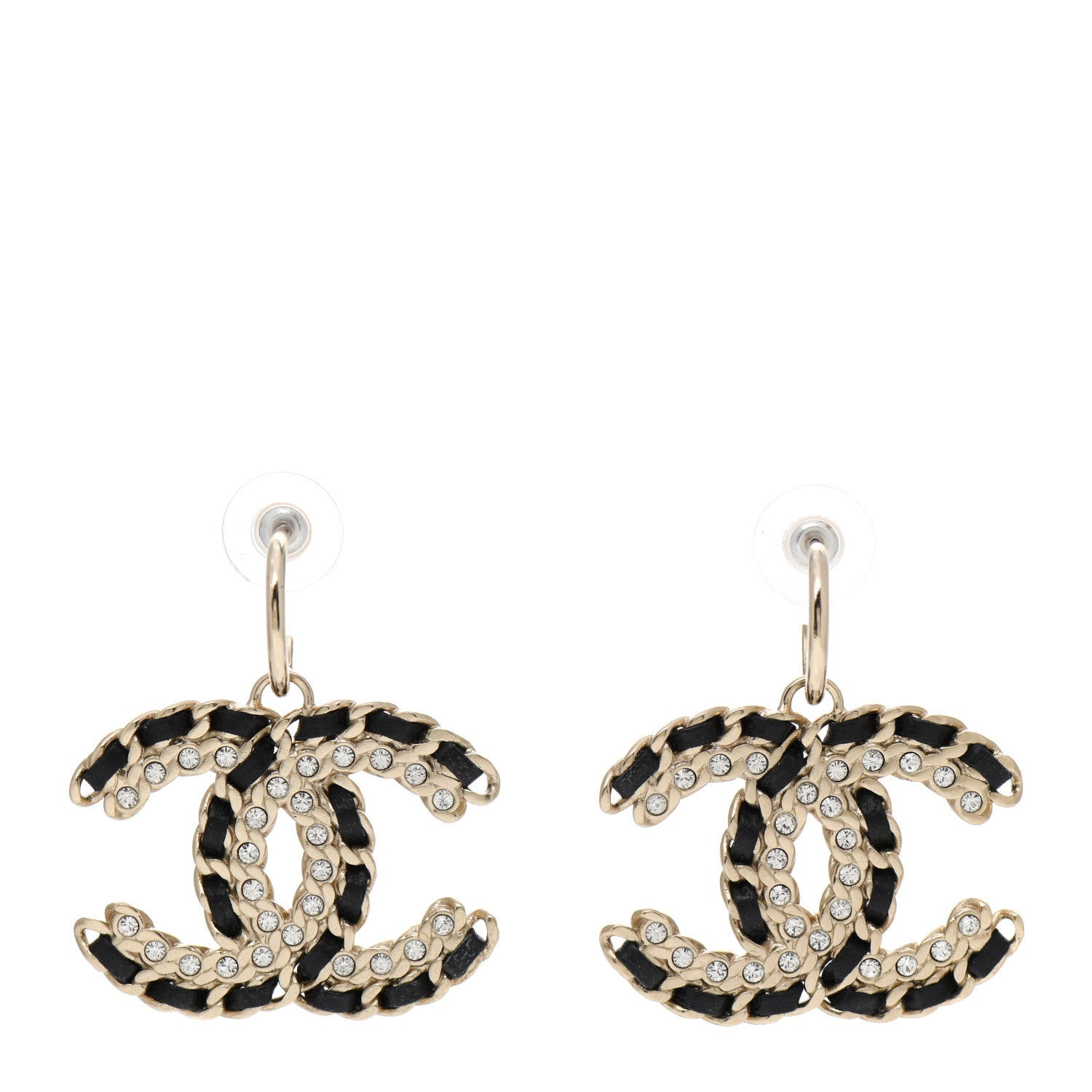 Chanel Crystal Lambskin Chain CC Vintage Allure Stud Earrings Black Gold 1 of 5