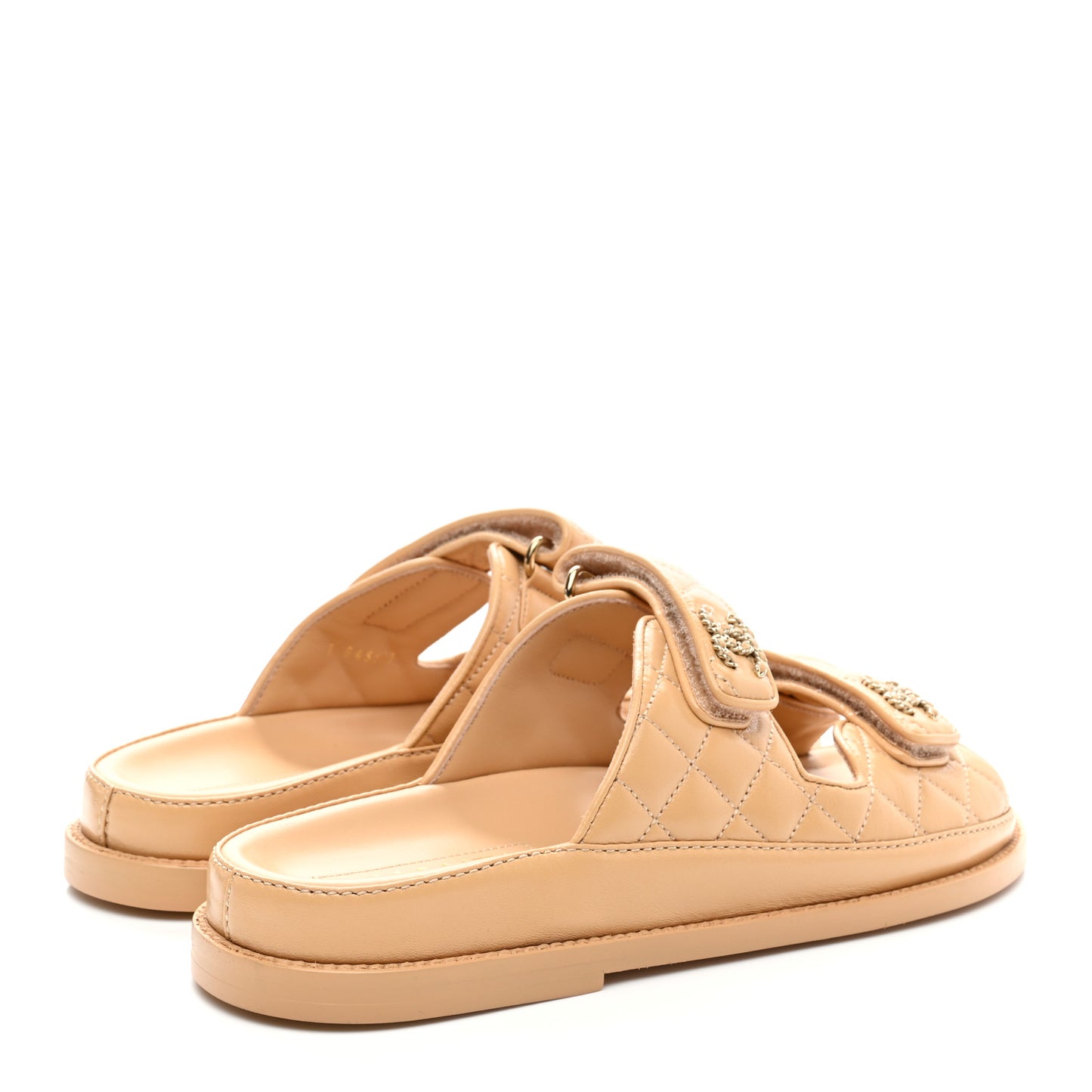 Lambskin Quilted Velcro Dad Chain CC Slide Sandals 39 Beige