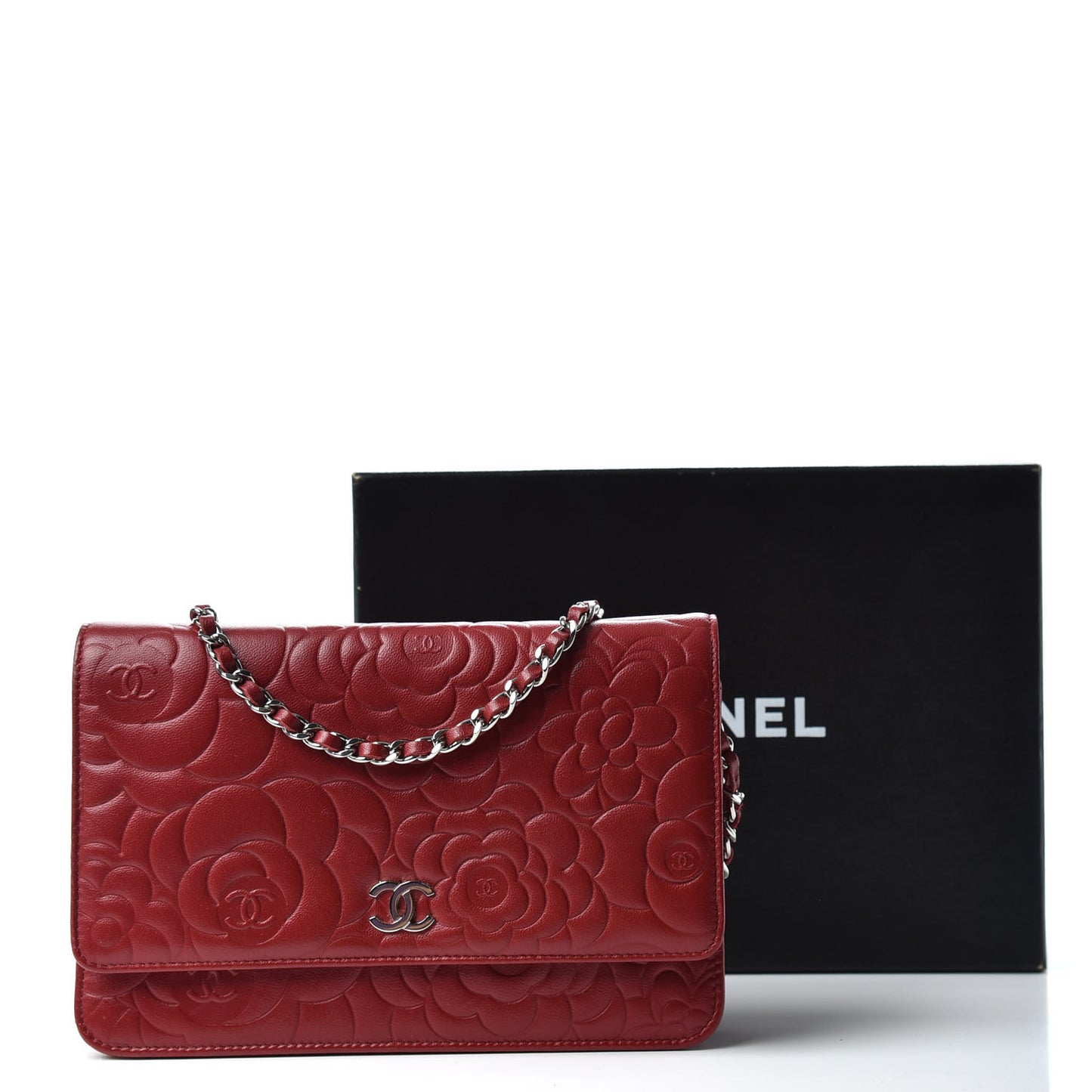 Lambskin Camellia Embossed Wallet On Chain WOC Red