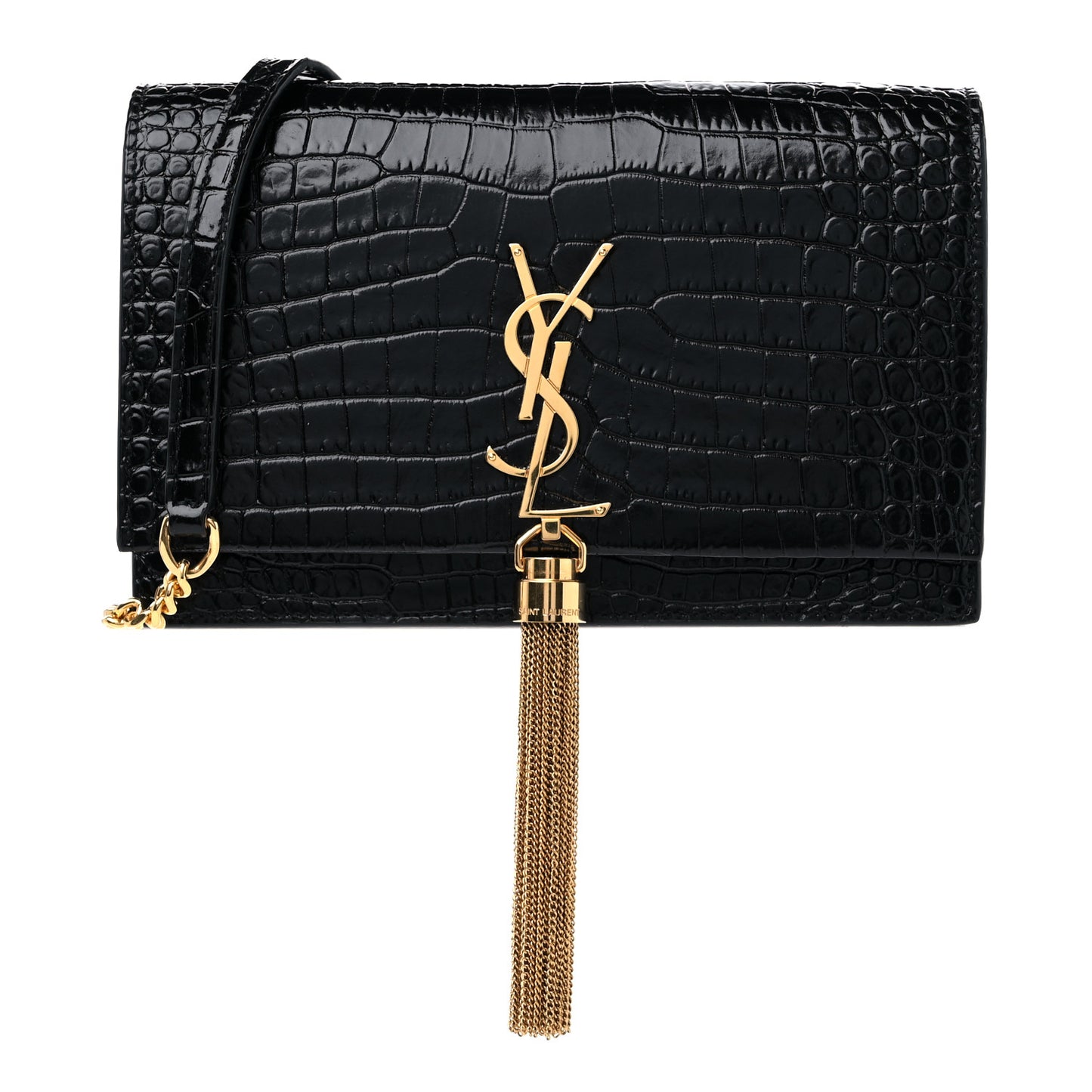 Calfskin Crocodile Embossed Kate Monogram Tassel Chain Wallet Black