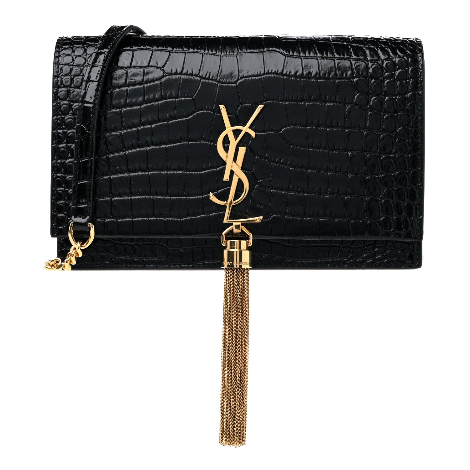 Saint Laurent Calfskin Crocodile Embossed Kate Monogram Tassel Chain Wallet Black 1 of 8