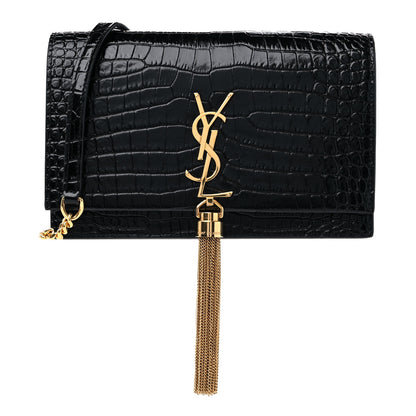 Saint Laurent Calfskin Crocodile Embossed Kate Monogram Tassel Chain Wallet Black 1 of 8