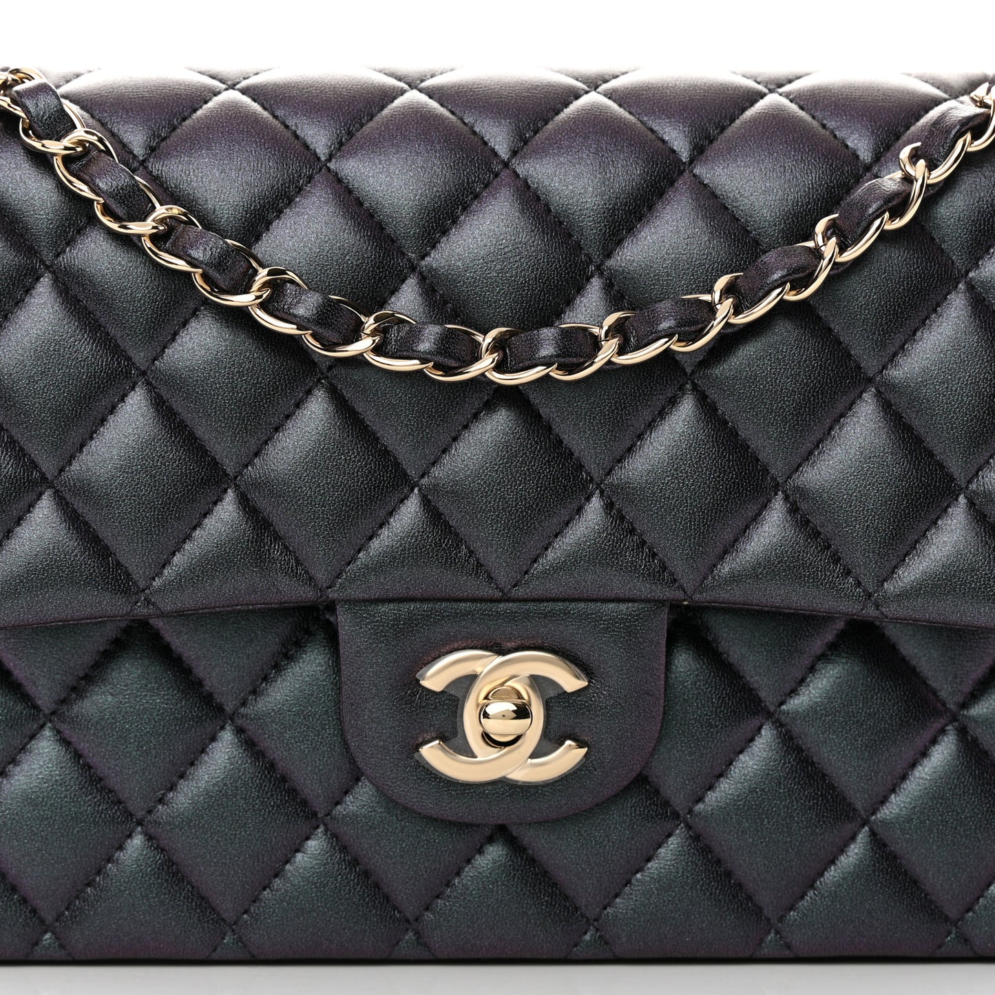 Iridescent Lambskin Quilted Medium Double Flap Black