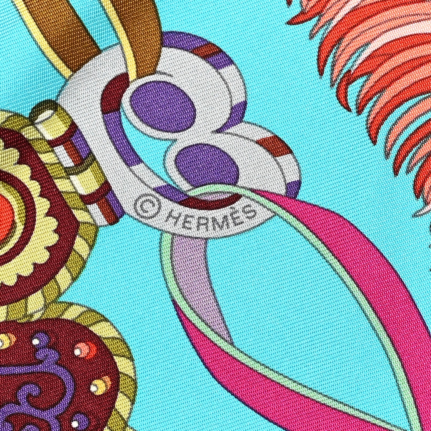 Hermes Silk Sous L'Egide De Mars Scarf 90 Turquoise Prune Corail 4 of 7