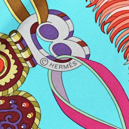 Hermes Silk Sous L'Egide De Mars Scarf 90 Turquoise Prune Corail 4 of 7