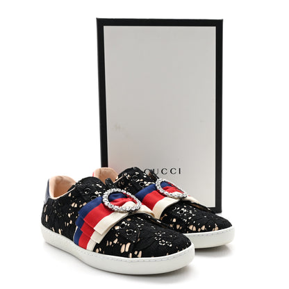 Gucci Lace Crystal Sylvie Web Flower Leaf Womens Ace Sneakers 37 Black Tan Beige 11 of 11