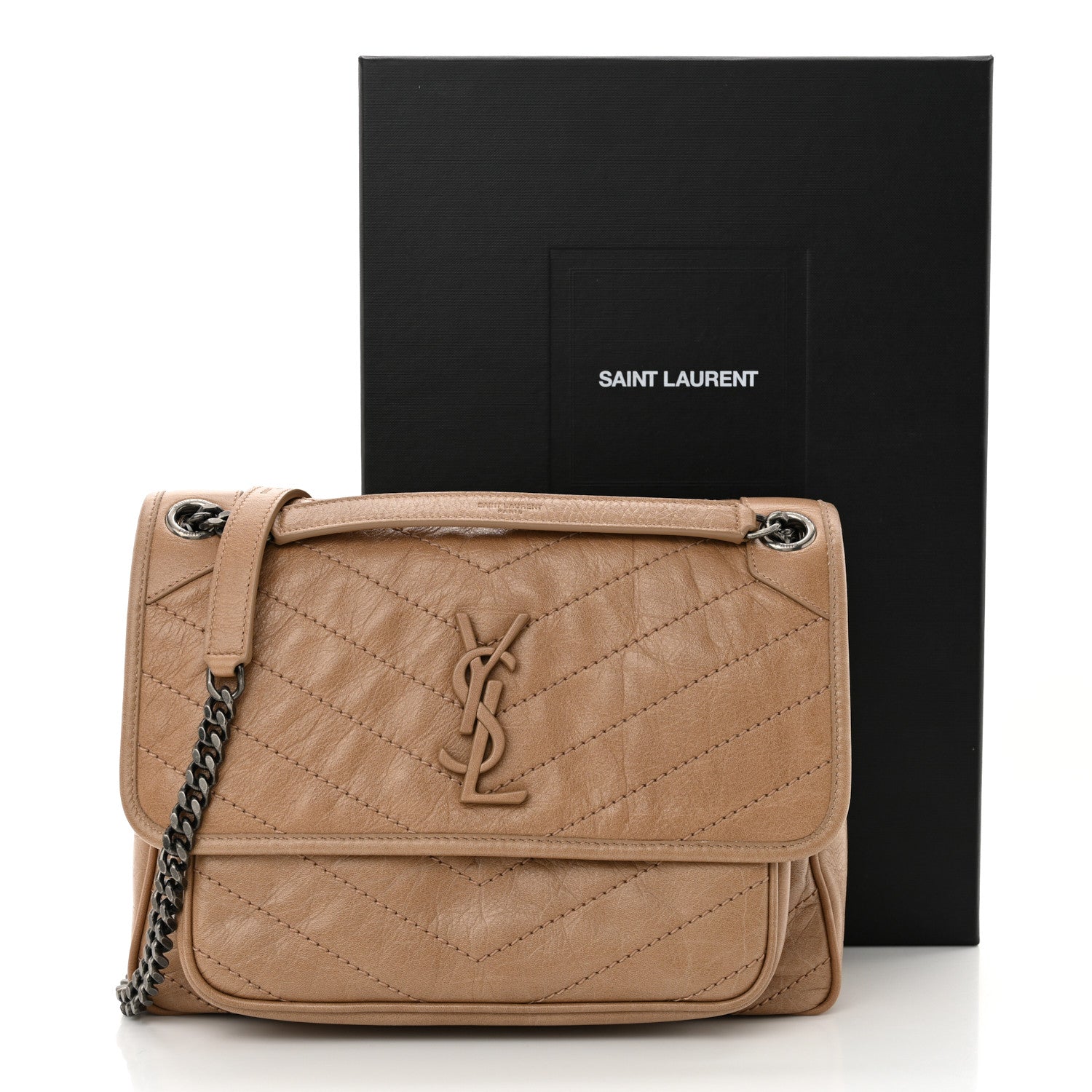 Saint Laurent Crinkled Calfskin Matelasse Monogram Medium Niki Chain Satchel Light Taupe 11 of 11