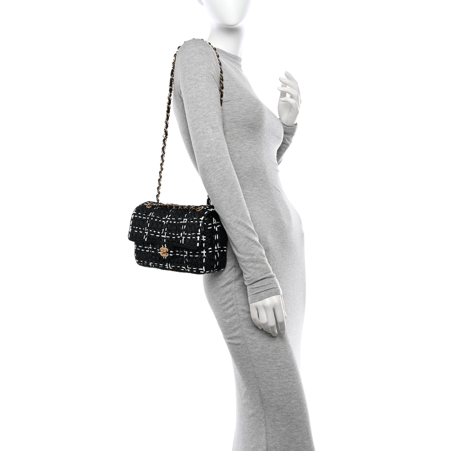 Raffia Effect Medium Tweedy Flap Bag Black White