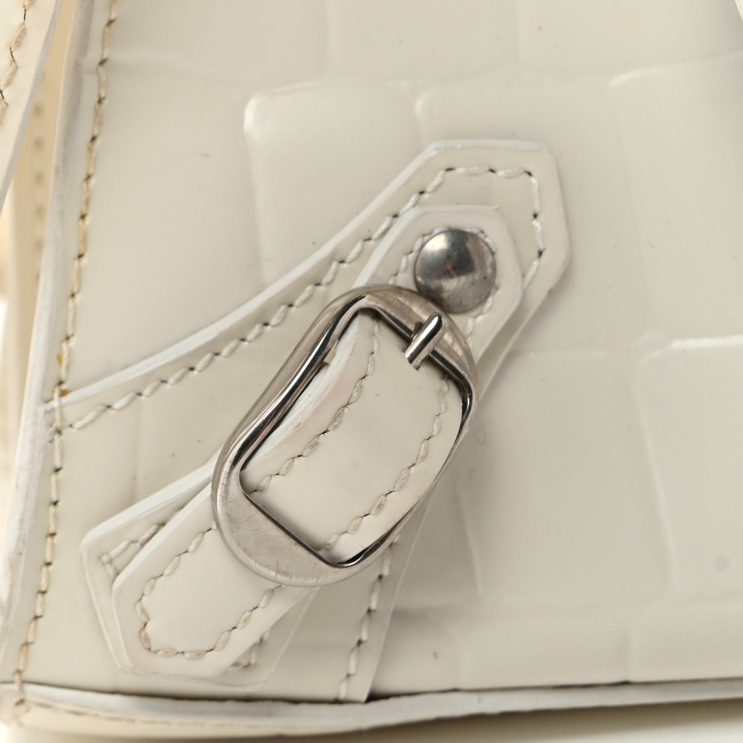 Semi Shiny Calfskin Crocodile Embossed Neo Classic Silver Hardware Nano City Crossbody White