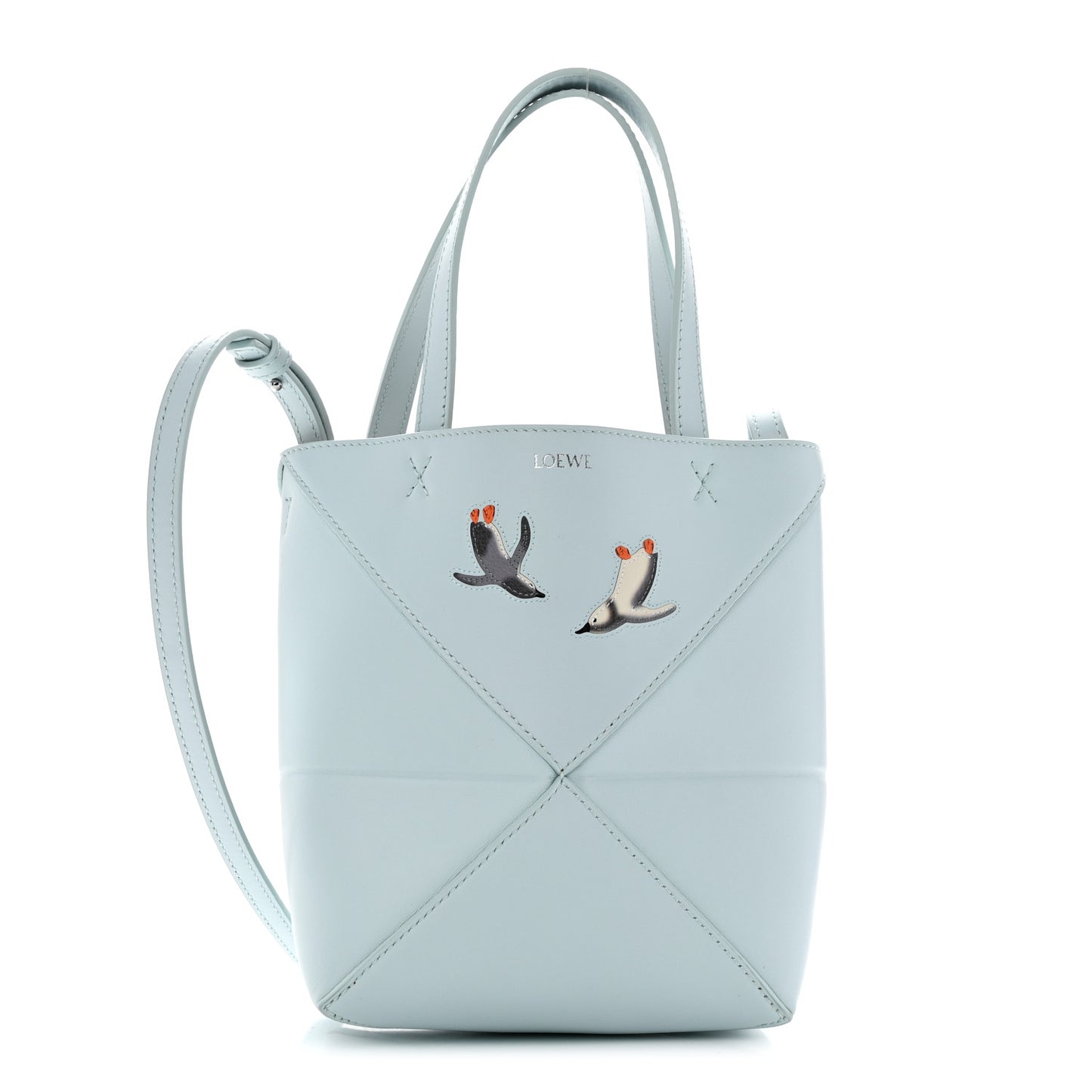 X SUNA FUJITA Shiny Calfskin Penguin Mini Puzzle Fold Tote Blue Iceberg
