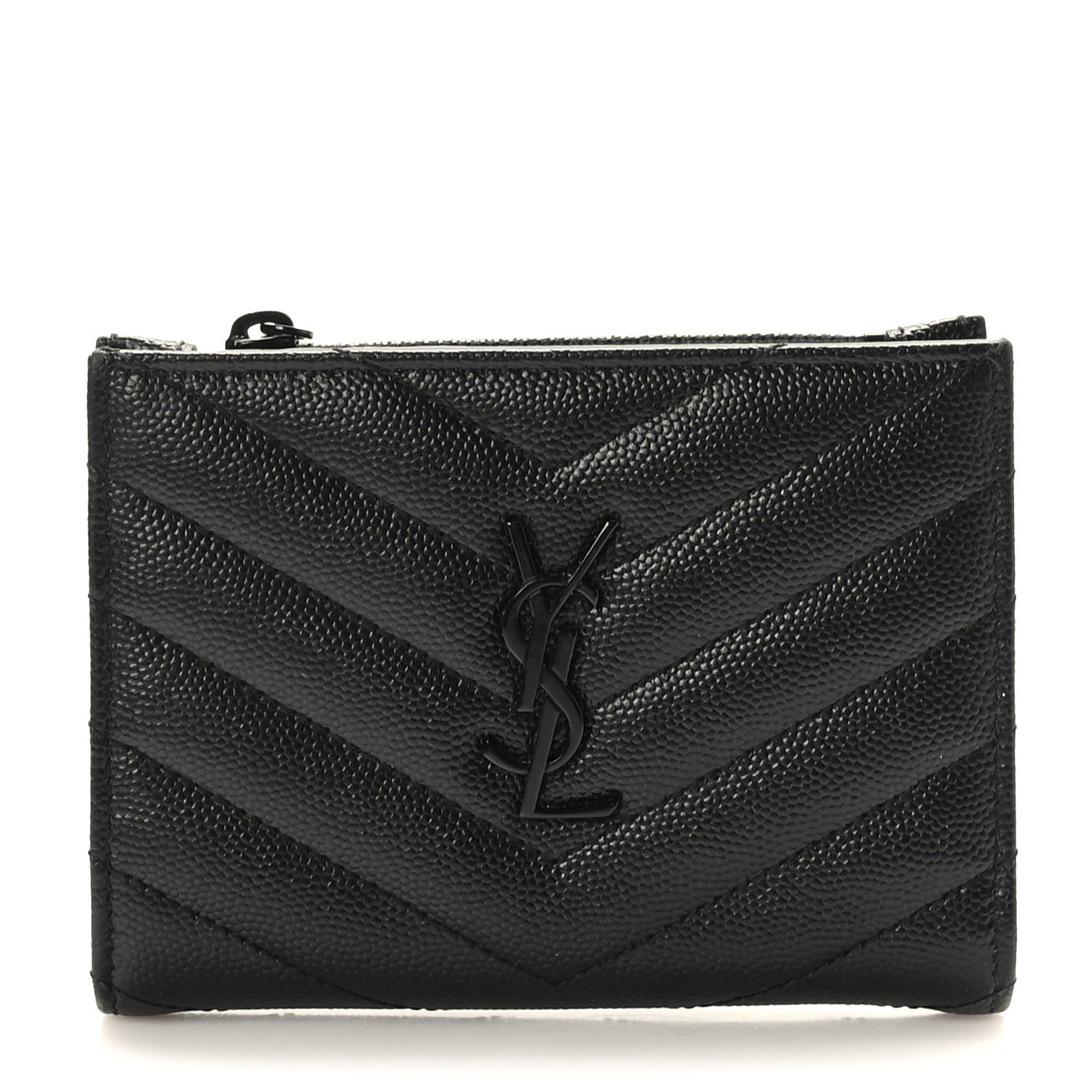 Saint Laurent Grain De Poudre Matelasse Chevron Monogram Zipped Two-Part Wallet Black 1 of 7