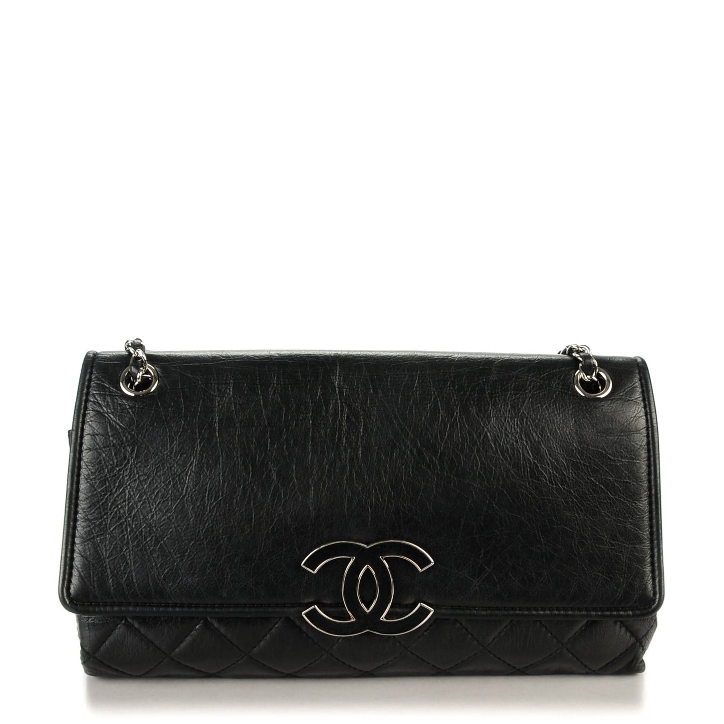 Distressed Calfskin Hamptons Accordion Flap Black