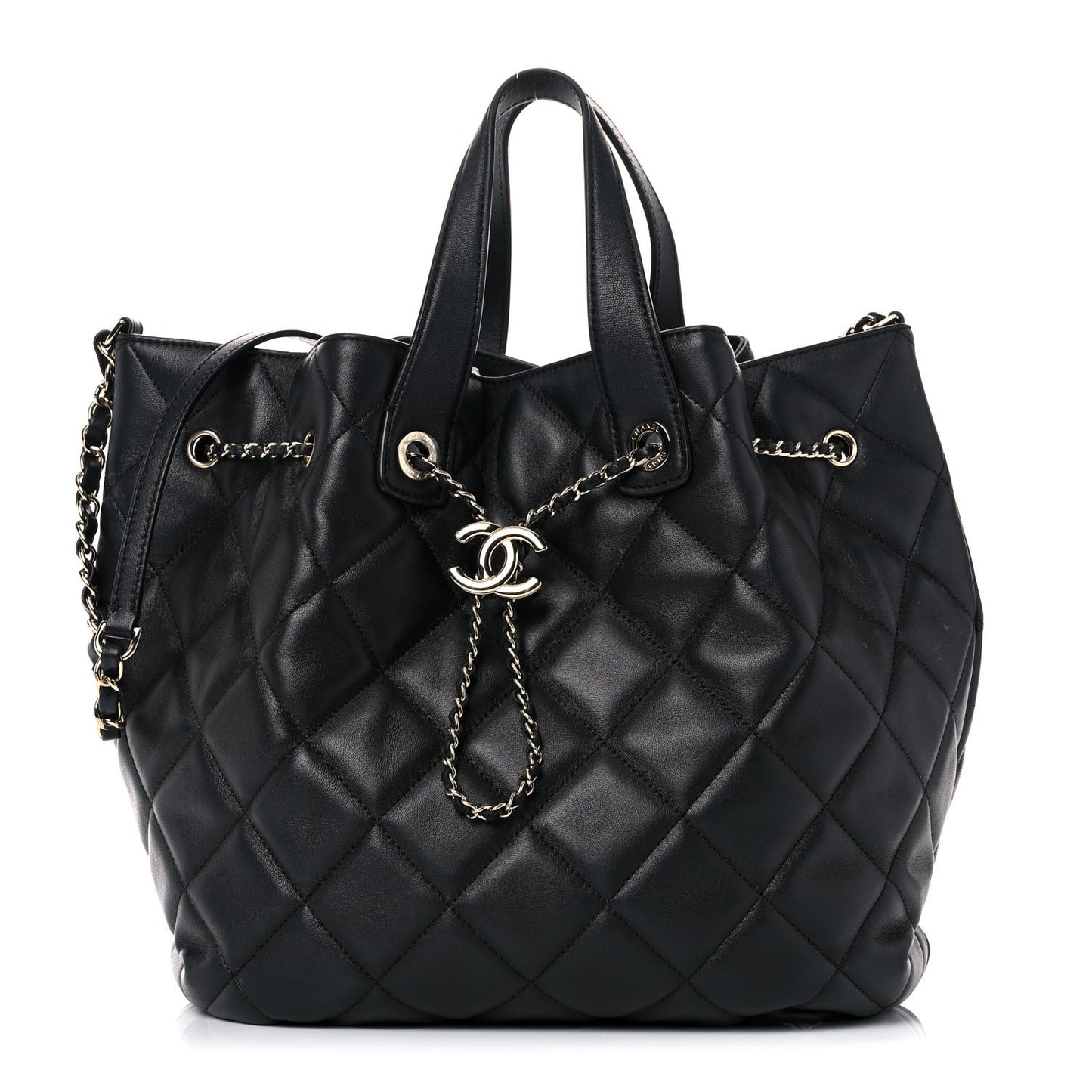 Lambskin Quilted CC Dweller Drawstring Tote Black