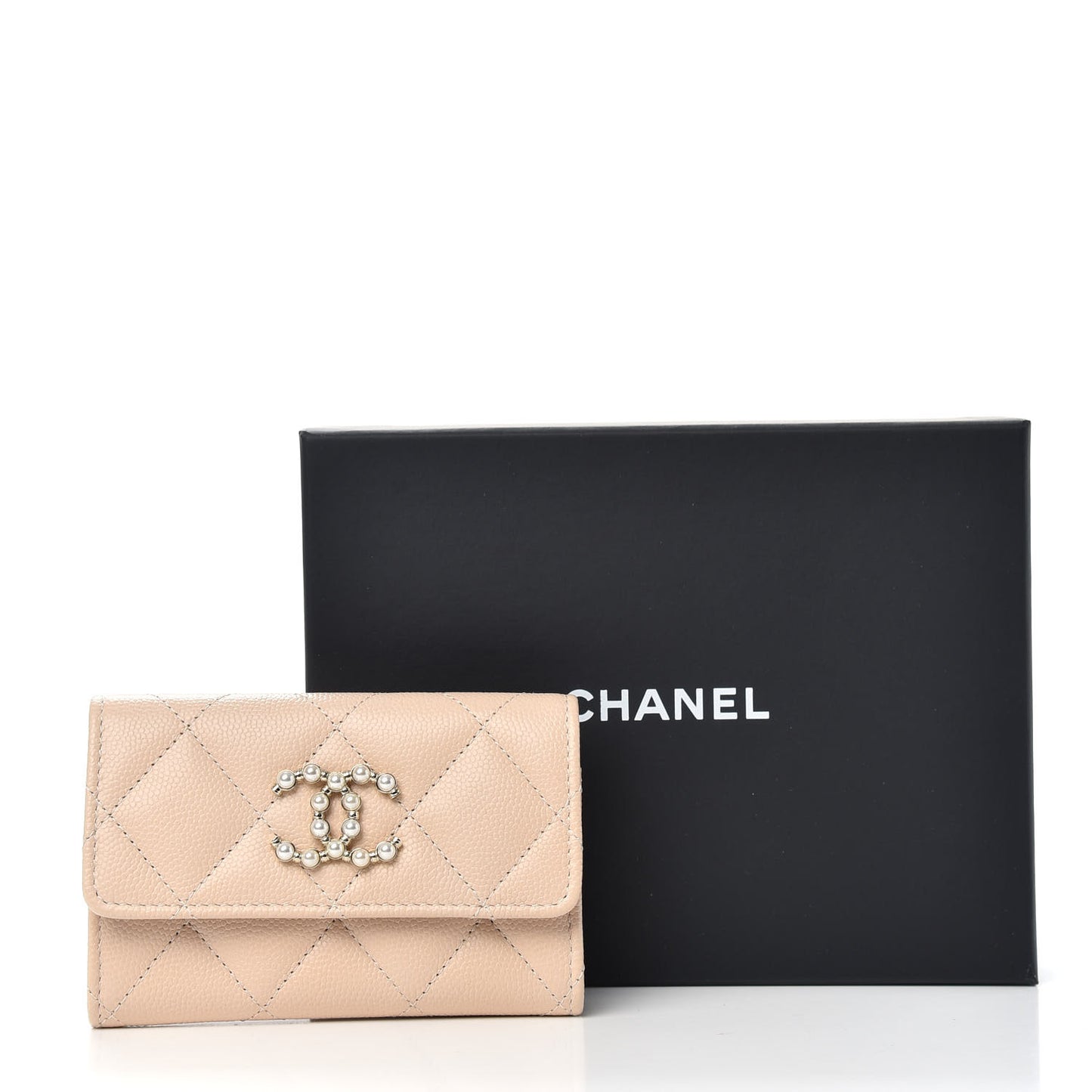 Caviar Pearl Quilted Coco Candy Flap Card Holder Beige