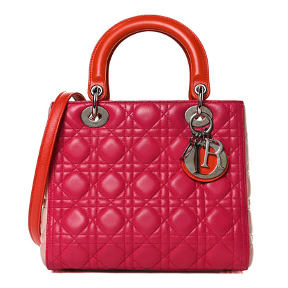 Christian Dior Lambskin Cannage Tri-Color Medium Lady Dior Orange Riviera Fuchsia Cosmopolitan Lipstick Natural 1 of 16