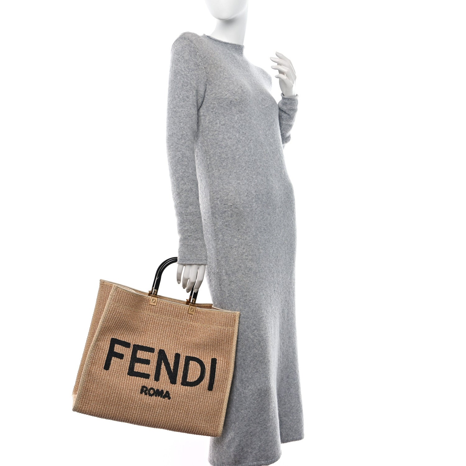 Fendi Straw Vitello King Plexiglass Woven Large Fendi Sunshine Shopper Tote Natural Black 2 of 10