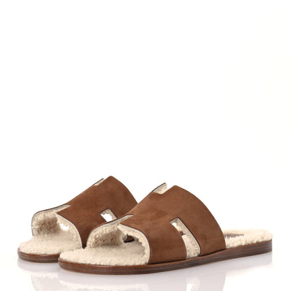 Hermes Suede Goatskin Shearling Mens Izmir Sandals 42.5 Marron Teck Ecru 3 of 10