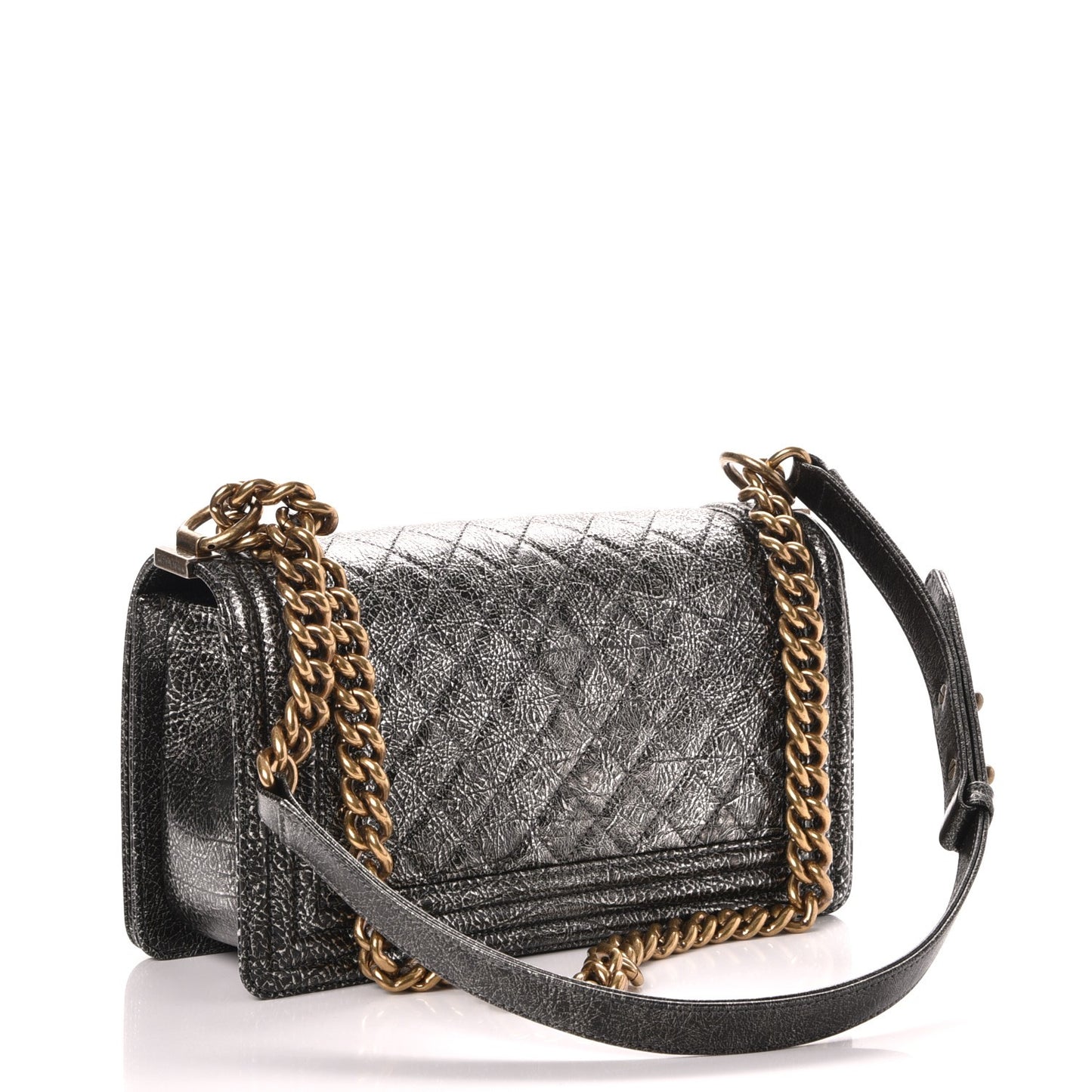 Cracked Metallic Calfskin Quilted Medium Boy Flap Silver